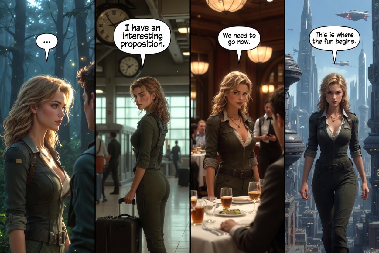 Comic-style example of an explorable story adventure with multiple scenes and chat bubbles